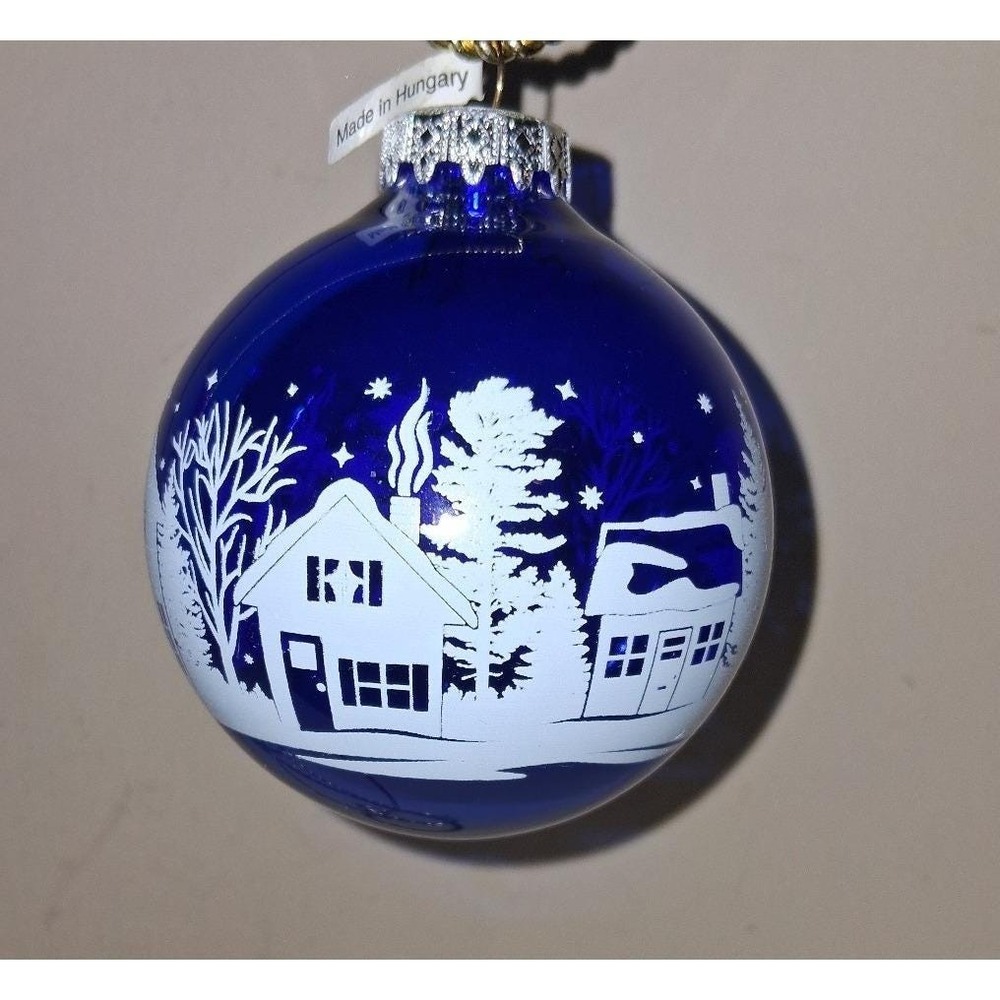 Vintage Bronner's Hungary Cobalt Blue Glass Christmas Ornament White Winter Vill